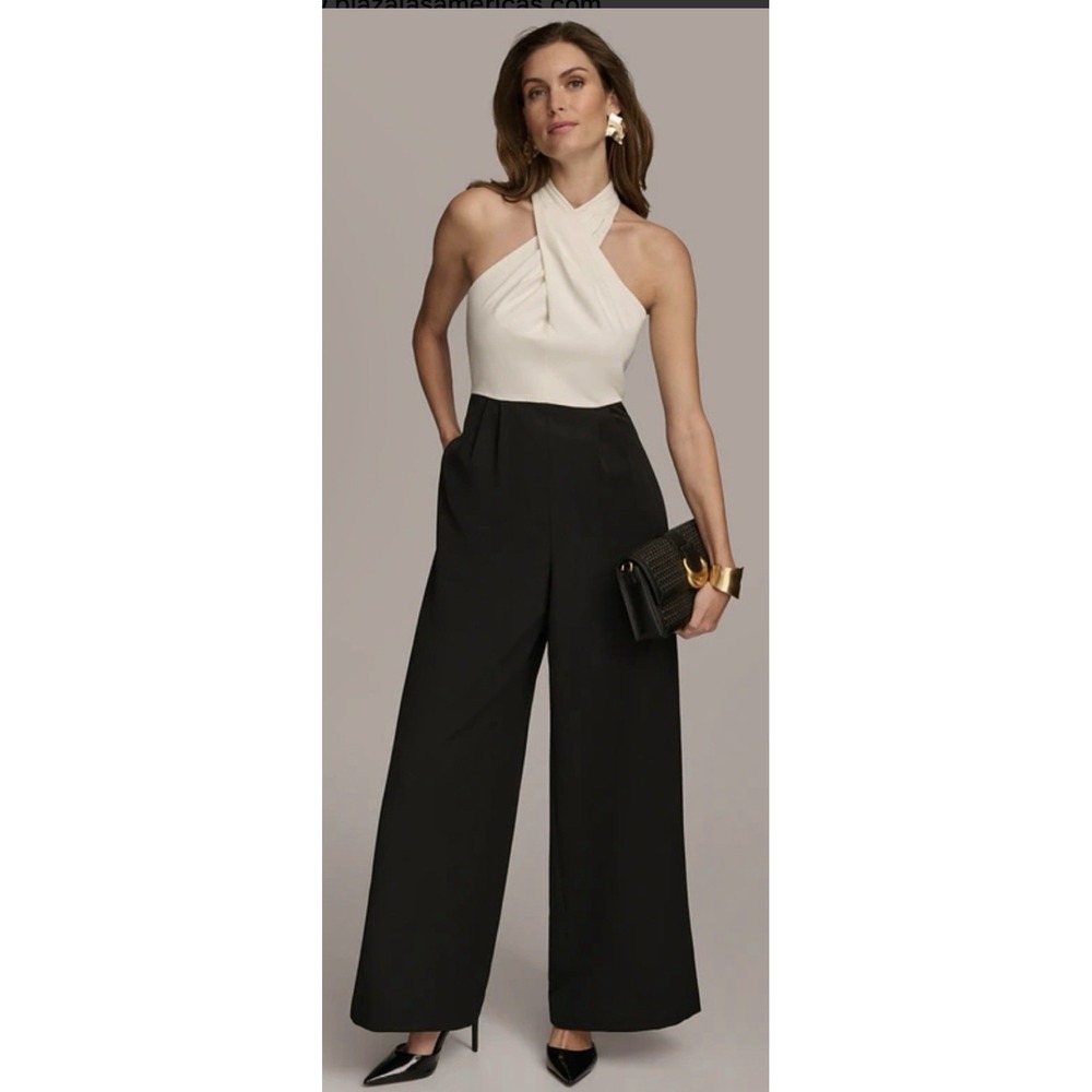 Donna Karan Women's Black Colorblocked Halter Jumpsuit Size 6 Wide Leg